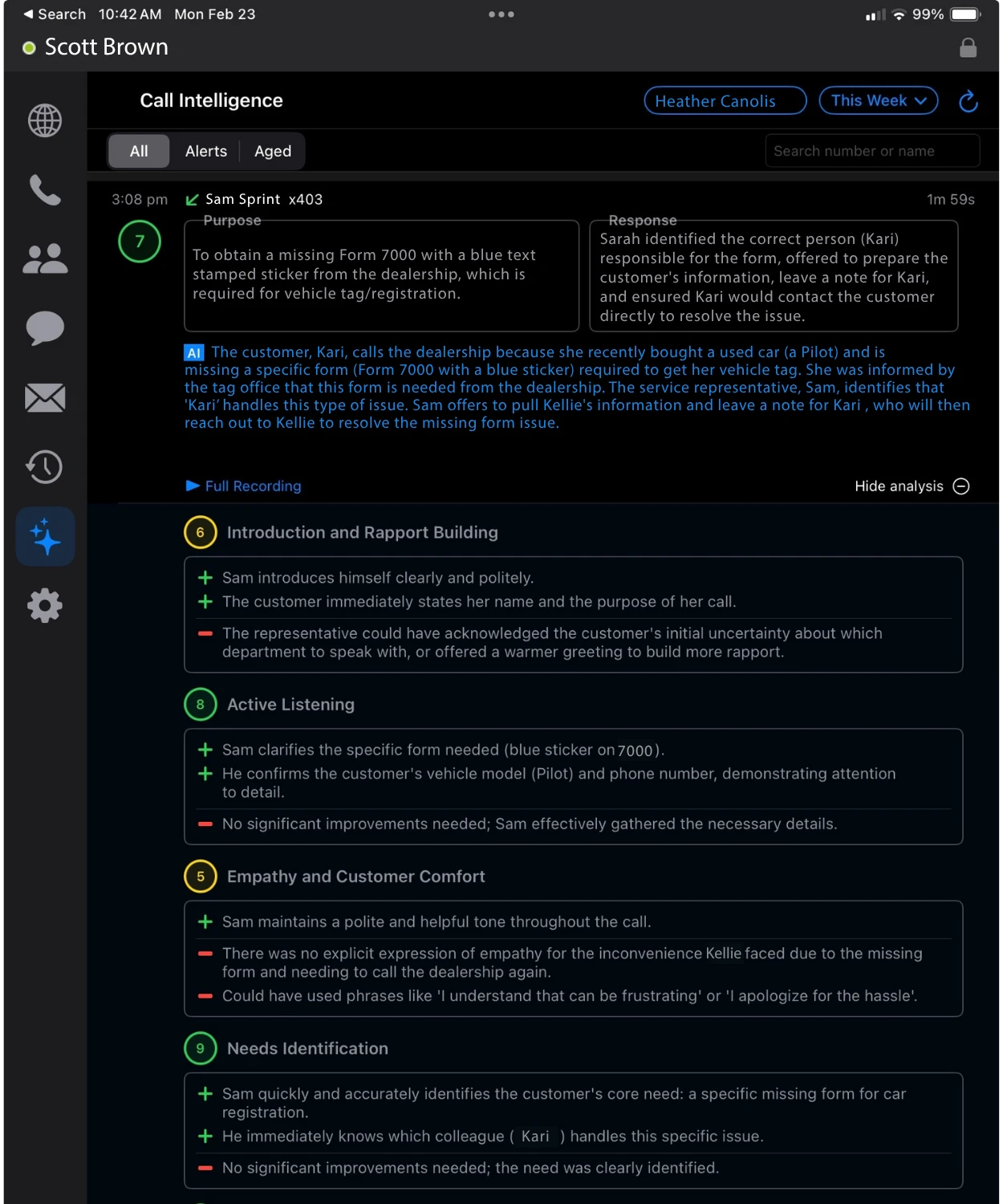 WebFones Call Scoring showing detailed performance ratings across categories like rapport building, active listening, and objection handling