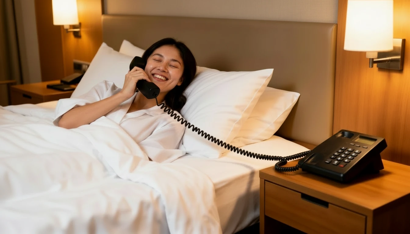 Hotel guest using room phone