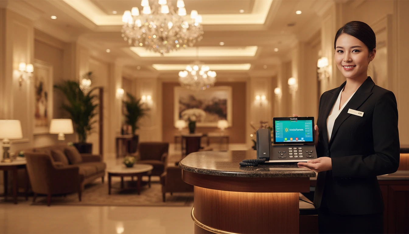 Hotel front desk agent greeting guests in a lobby, with a WebFones desk phone and tablet at the reception counter