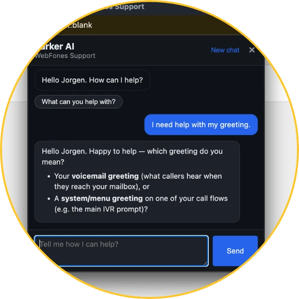 Parker AI support chat helping update a voicemail greeting in WebFones