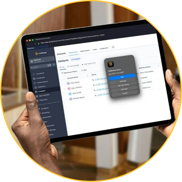 WebFones Browser turning a guest record's phone number into a click-to-call action on a tablet at the front desk