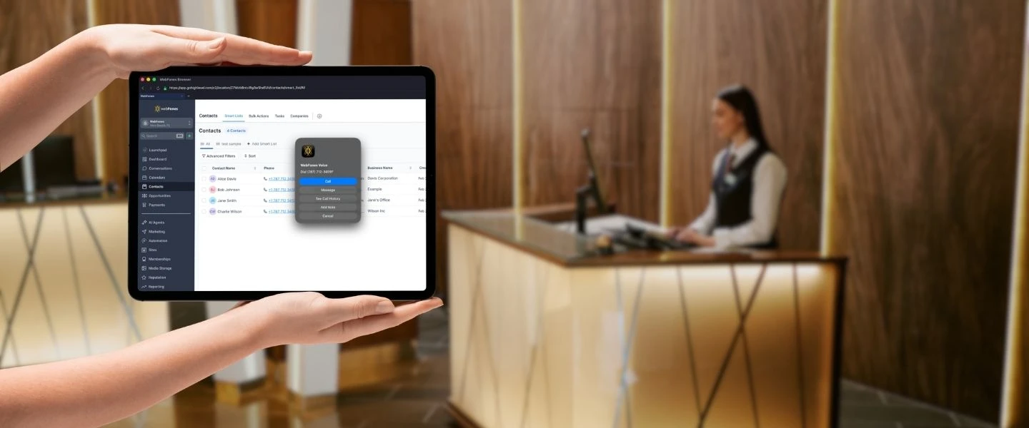 WebFones Browser showing click-to-call integration in hotel CRM